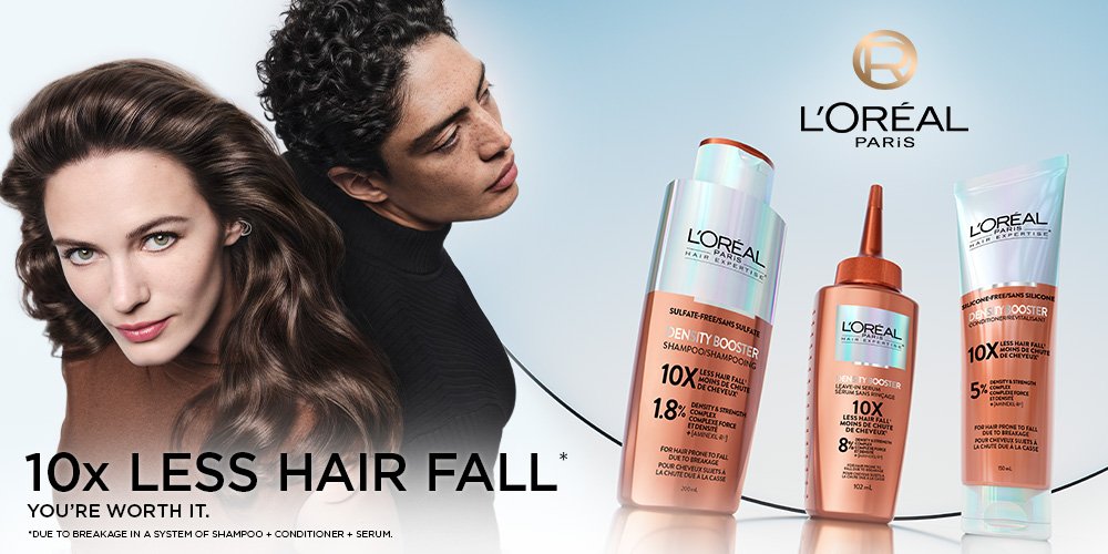 A man & a woman with long hair featured with the shampoo, the conditioner and the hair serum Density Booster